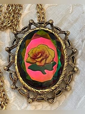Large Rose Iridescent Intaglio Vintage Brooch Pendant Necklace